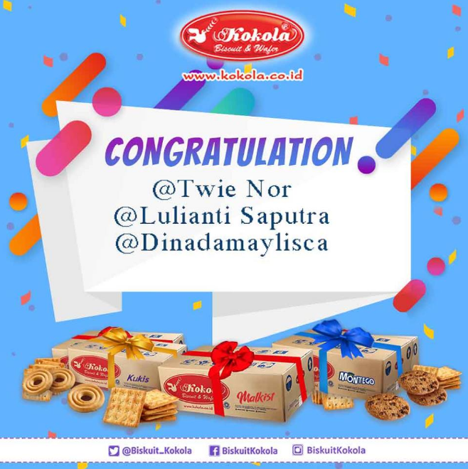 Congratulation buat @Twie Nor, @Lulianti Saputra, dan @Dinadamaylisca, yang telah berpartisipasi dalam quiz Kokola periode Juli 2018 minggu kedua dan berhak atas hadiah hampers dari Kokola.